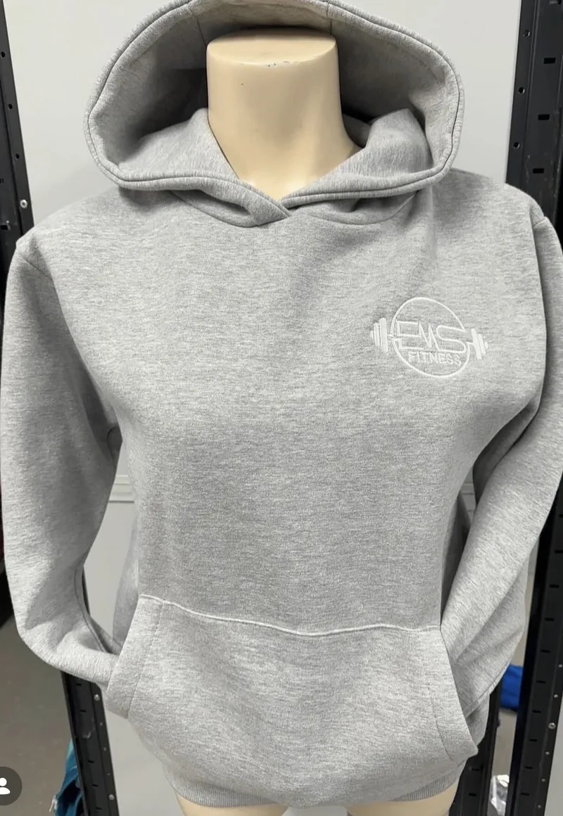 EMS Fitness logo embroidered on a grey hoodie