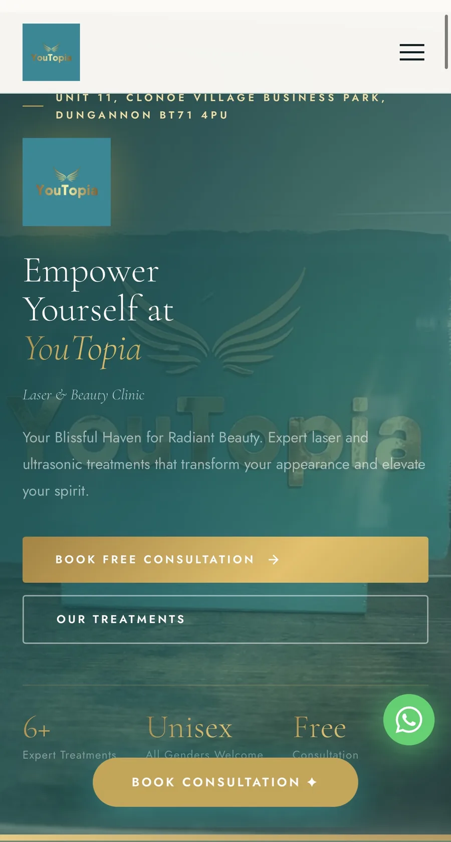 YouTopia Laser and Beauty Clinic website designed by AD Digital, viewed on mobile